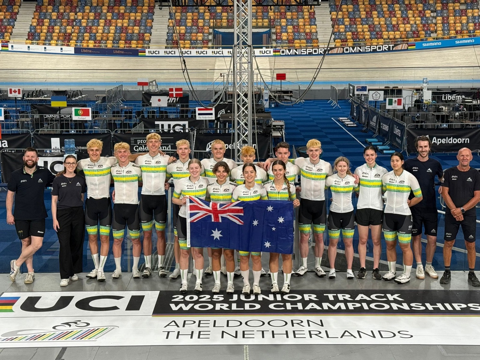 ARA Australian Cycling Team before the 2025 UCI Junior Track World Championships in Apeldoorn, Netherlands.